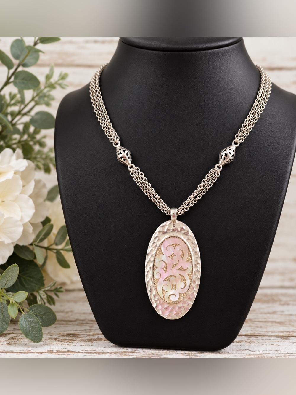 Lois Hill Sterling Silver Pink Mother of Pearl 3 Strand Pendant Necklace